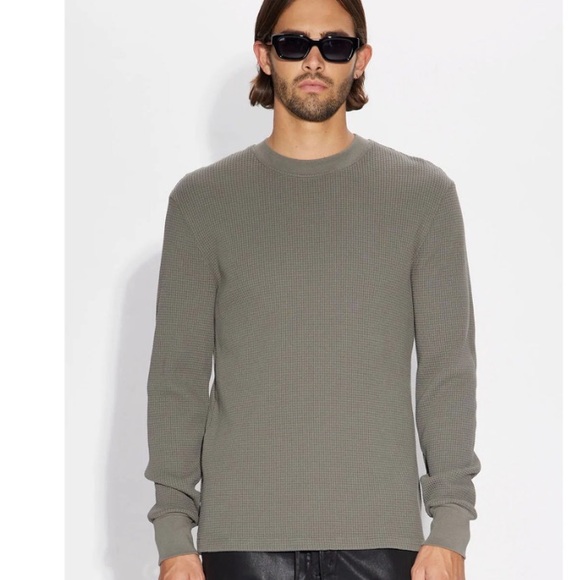 Cotton Citizen Army Green Crew Neck Long Sleeve Waffle Knit Cooper Thermal Top L